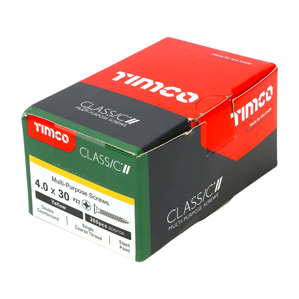 4.0 x 30mm TIMCO Classic Multi-Purpose Screws (Yellow Zinc) Countersunk - Box of 200 (Loose)