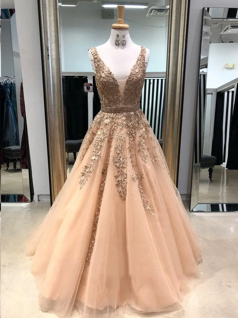 A-line V Neck Light Long Prom Dresses With Tulle A-line/Princess WD207