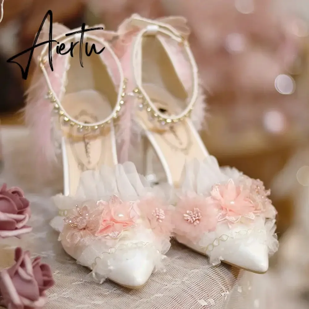 Aiertu Lolita Flower Wedding Shoes One Night Story Lolita Shoes Pink Pointed Versatile Mid Heel High Heel Slim Heel Shoes