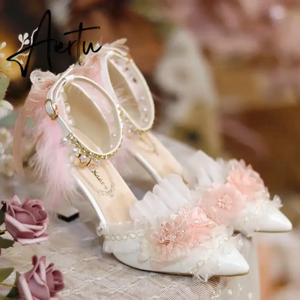 Aiertu Lolita Flower Wedding Shoes One Night Story Lolita Shoes Pink Pointed Versatile Mid Heel High Heel Slim Heel Shoes