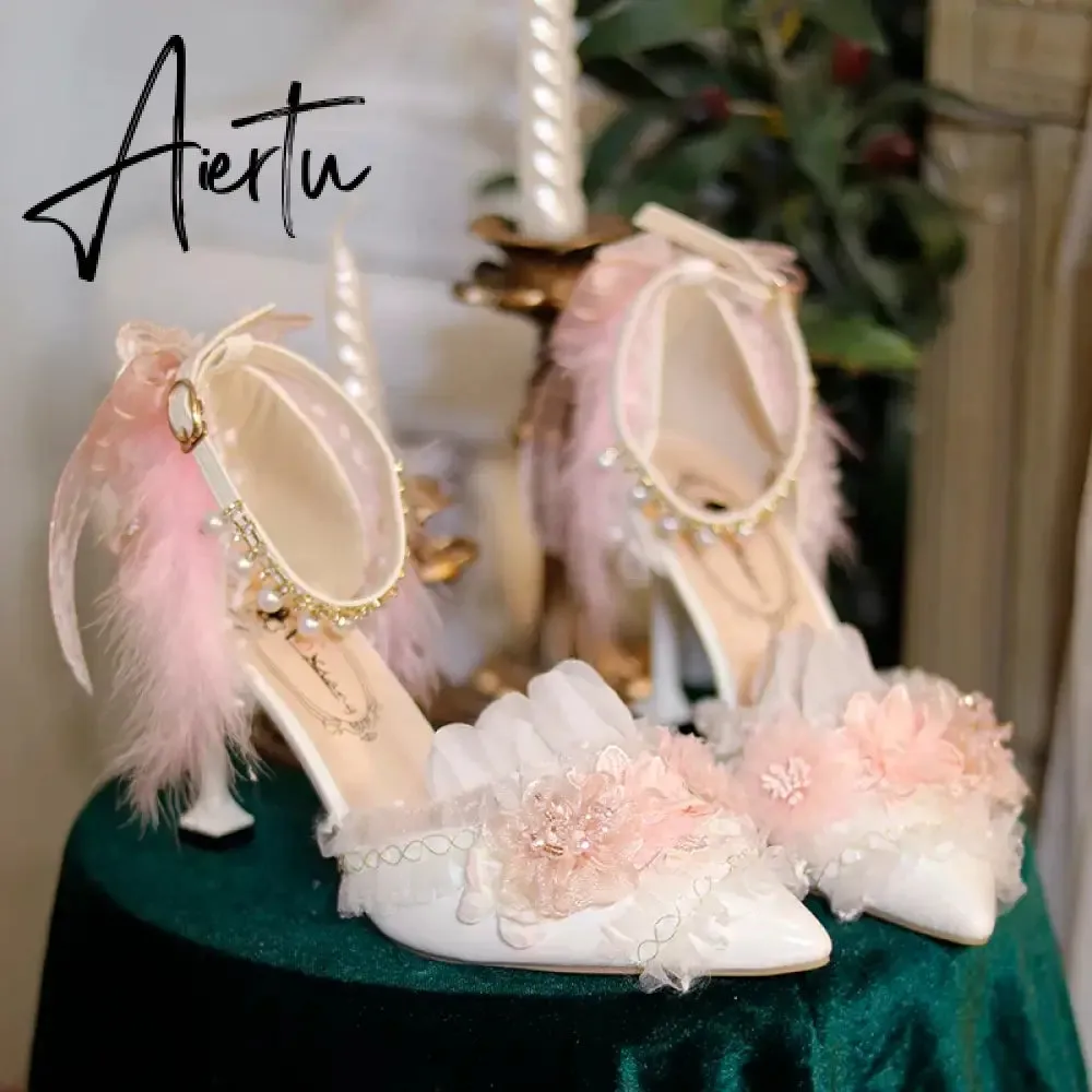 Aiertu Lolita Flower Wedding Shoes One Night Story Lolita Shoes Pink Pointed Versatile Mid Heel High Heel Slim Heel Shoes