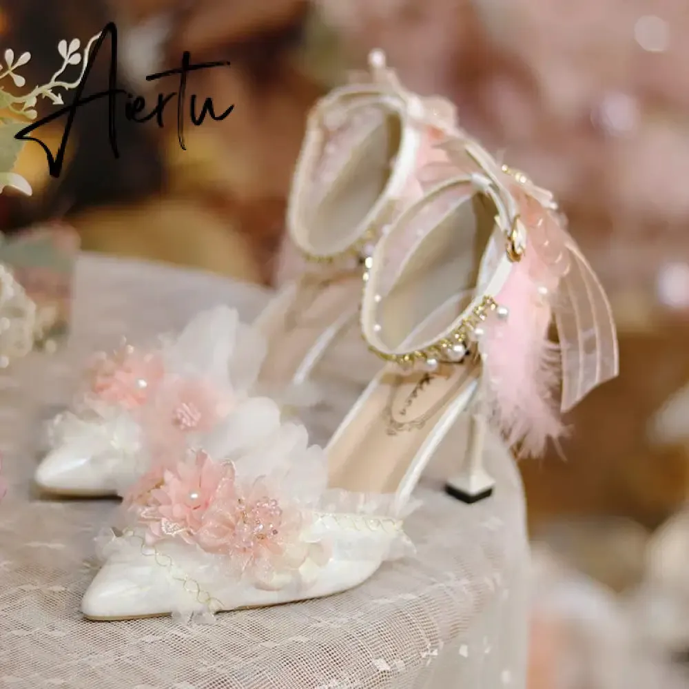 Aiertu Lolita Flower Wedding Shoes One Night Story Lolita Shoes Pink Pointed Versatile Mid Heel High Heel Slim Heel Shoes