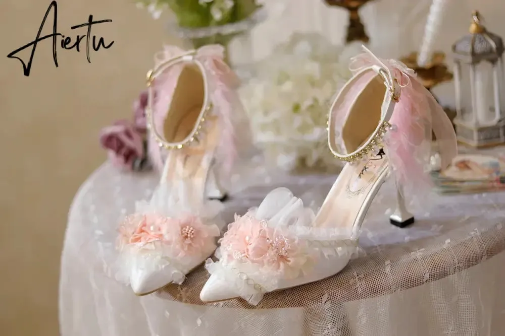 Aiertu Lolita Flower Wedding Shoes One Night Story Lolita Shoes Pink Pointed Versatile Mid Heel High Heel Slim Heel Shoes