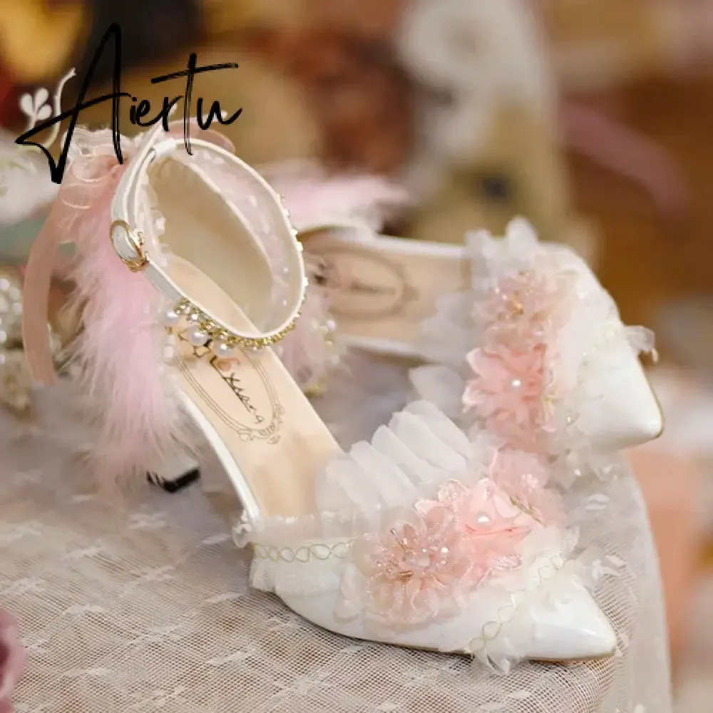 Aiertu Lolita Flower Wedding Shoes One Night Story Lolita Shoes Pink Pointed Versatile Mid Heel High Heel Slim Heel Shoes