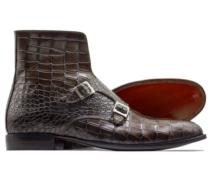 Ankle High Double Buckle Handmade Brown Alligator Leather Boots for Mens