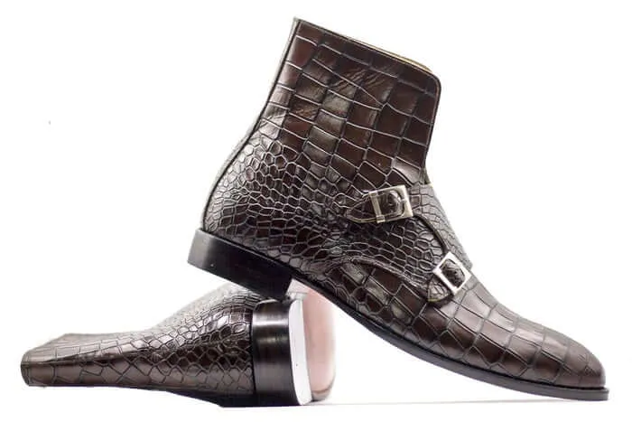 Ankle High Double Buckle Handmade Brown Alligator Leather Boots for Mens