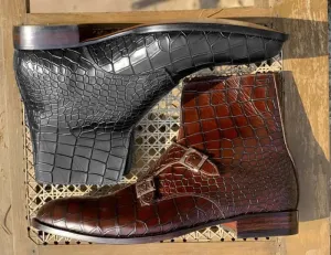 Ankle High Double Buckle Handmade Brown Alligator Leather Boots for Mens