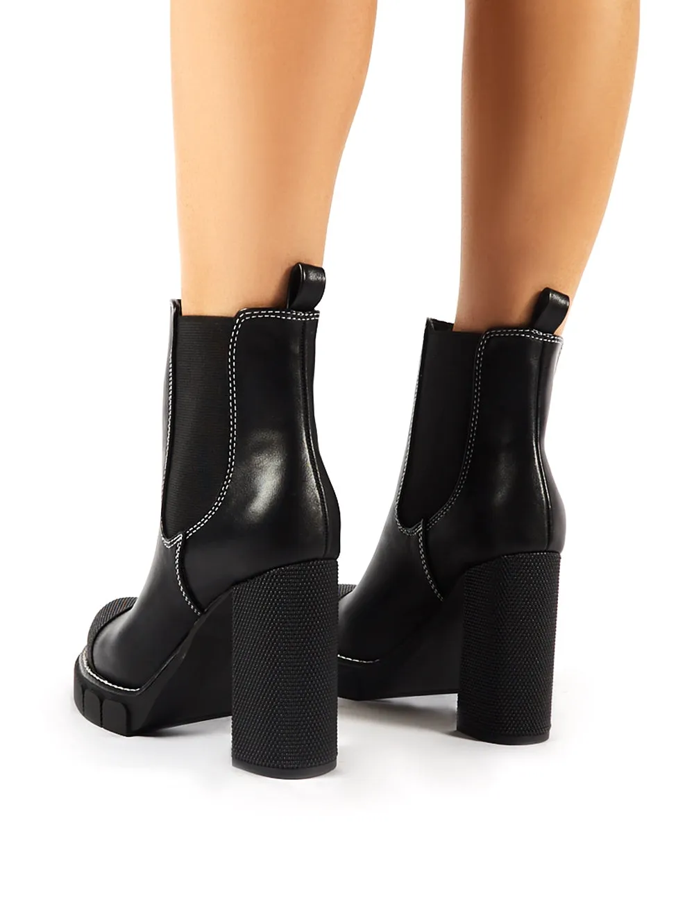 Antix Black Contrast Stitch Platform Block Heeled Ankle Boots