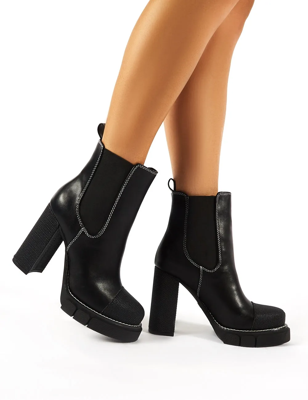 Antix Black Contrast Stitch Platform Block Heeled Ankle Boots