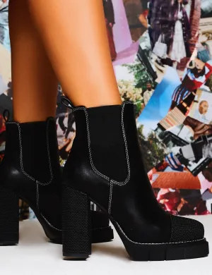 Antix Black Contrast Stitch Platform Block Heeled Ankle Boots