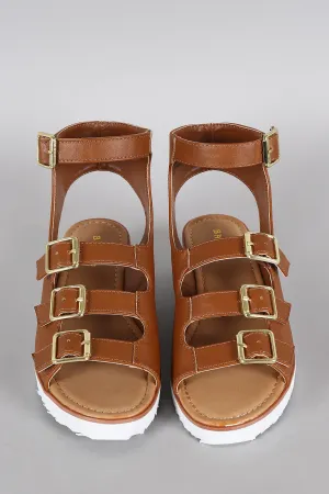 Bamboo Multi-Buckle Strap Wedge Sandal