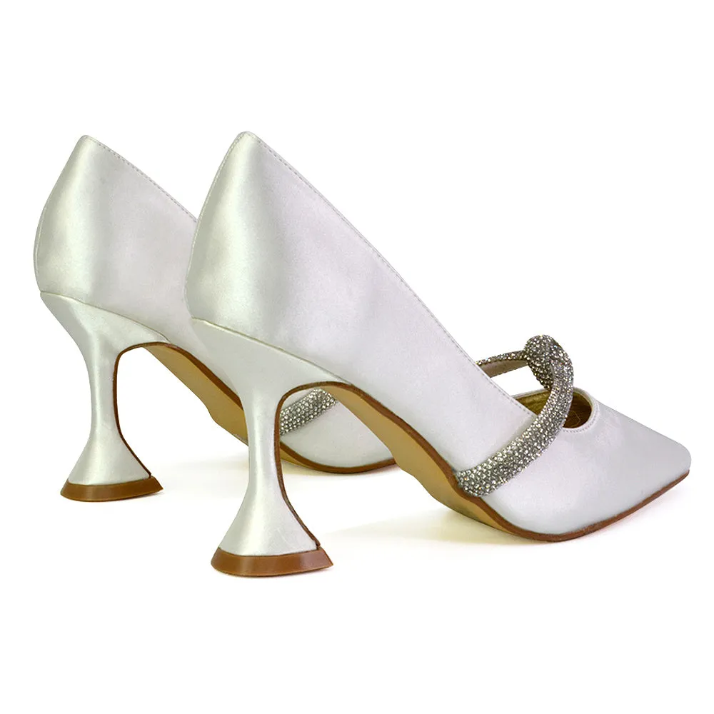 Beau Wedding Shoes Diamante Trim Satin Pointed Mid High Heel in White