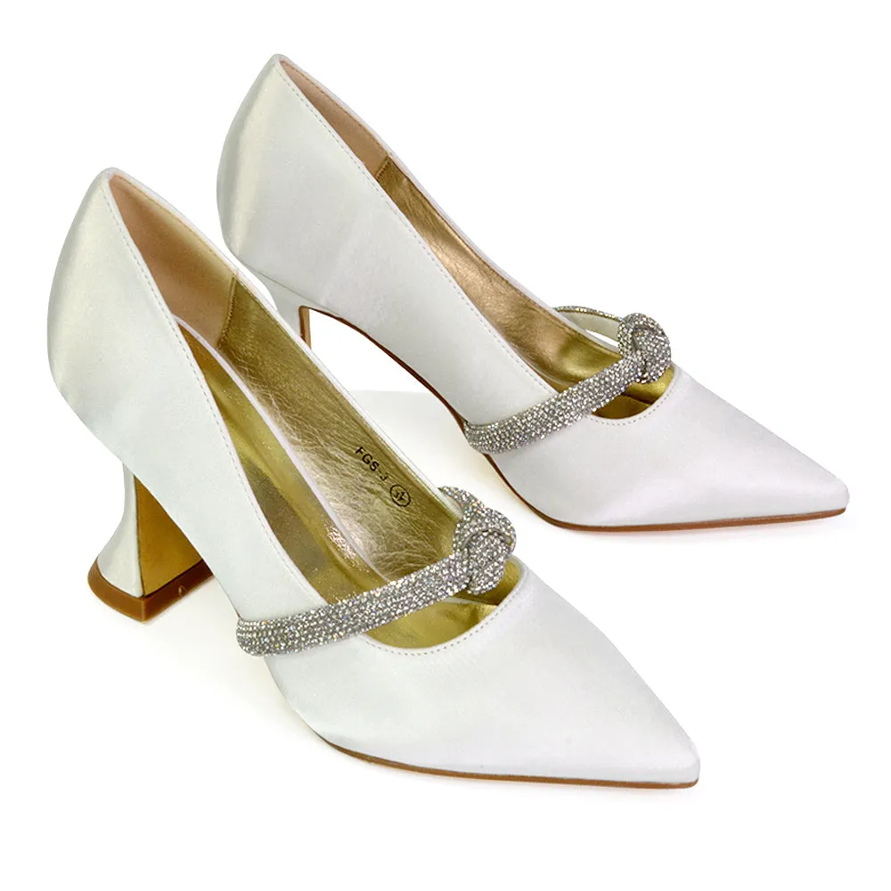 Beau Wedding Shoes Diamante Trim Satin Pointed Mid High Heel in White