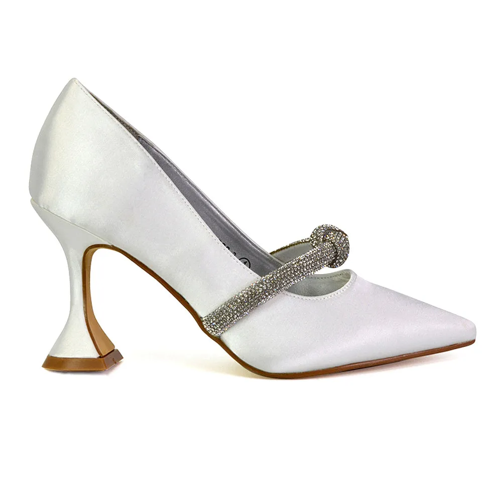 Beau Wedding Shoes Diamante Trim Satin Pointed Mid High Heel in White