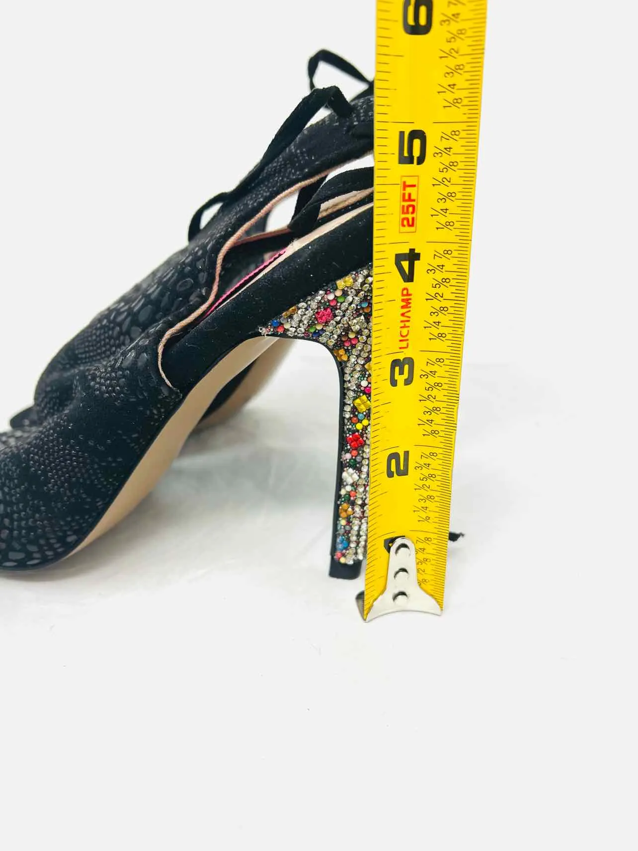 Betsey Johnson Size 5.5 Black/Multi Faux Leather Embellished Shoes Heels