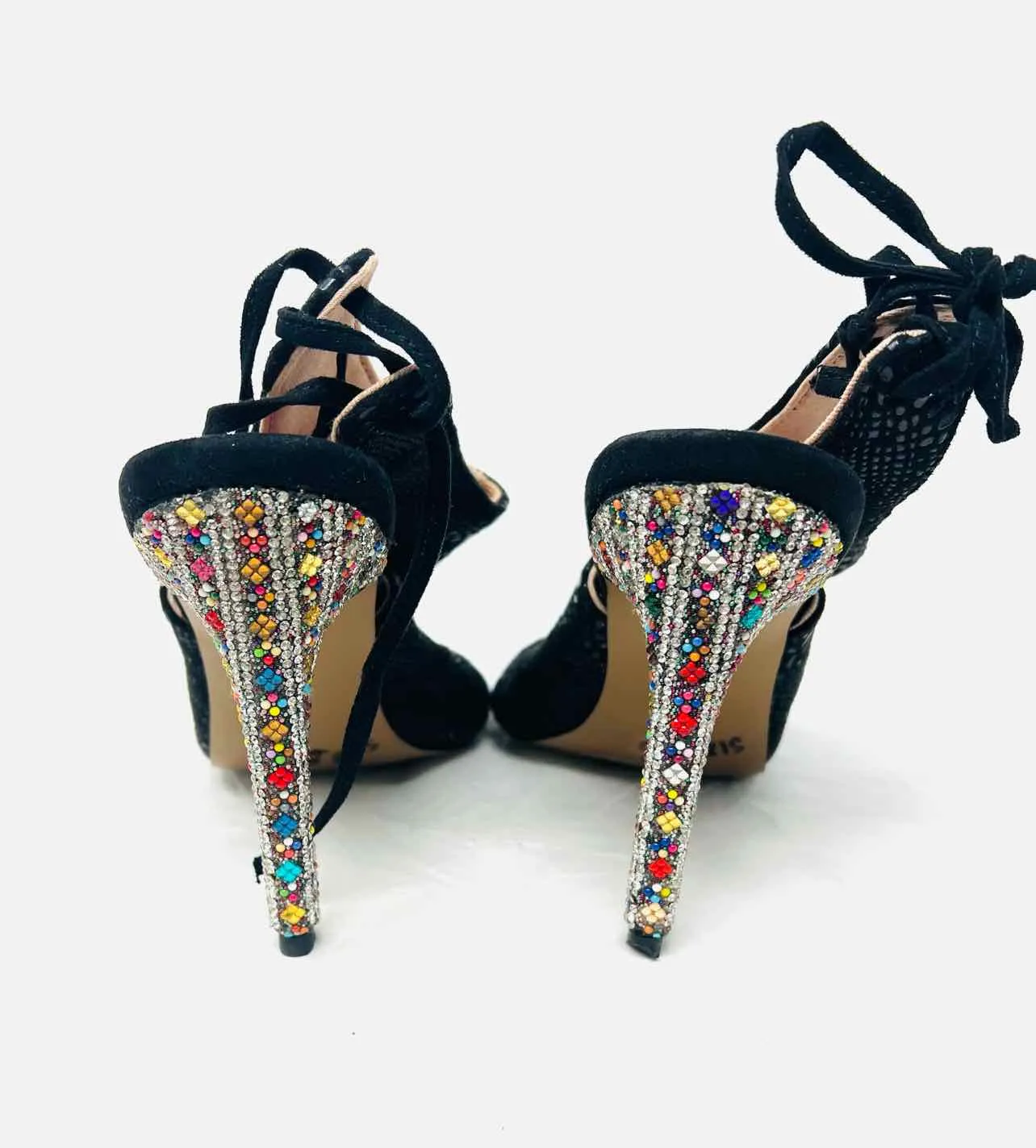 Betsey Johnson Size 5.5 Black/Multi Faux Leather Embellished Shoes Heels