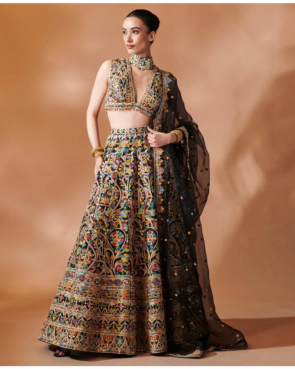 Black Multi Thread Embroidery Lehenga Set