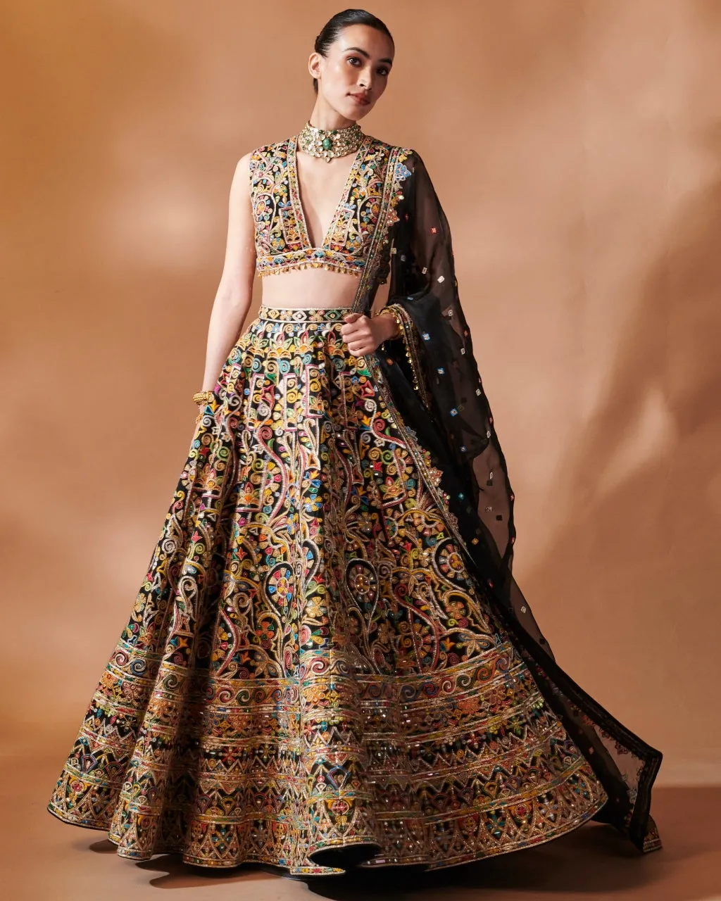 Black Multi Thread Embroidery Lehenga Set