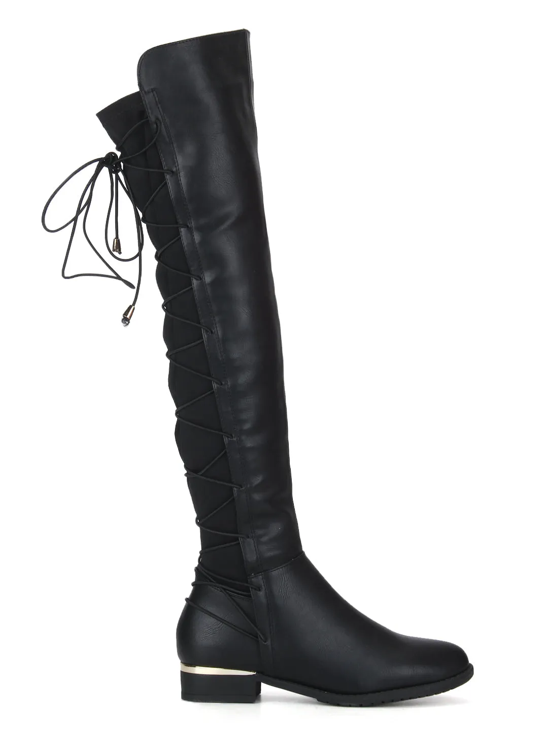 Black PU Back Lace-up Golden Detail Long Boots