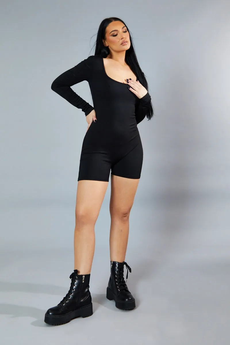 Black Rib Knit Scoop Neck Unitard - Roohi