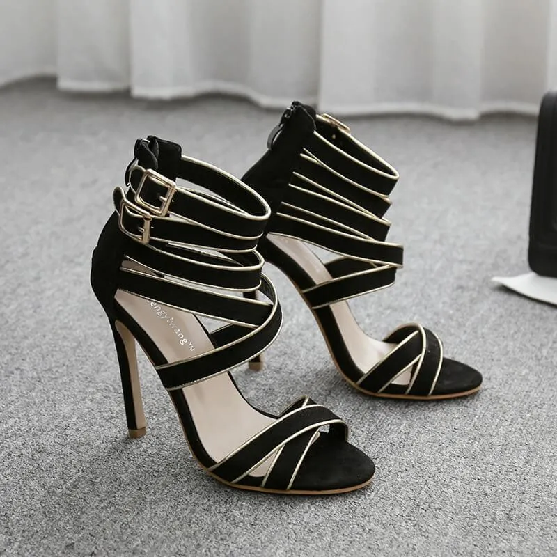 Black Suede High Heel Buckle Sandals