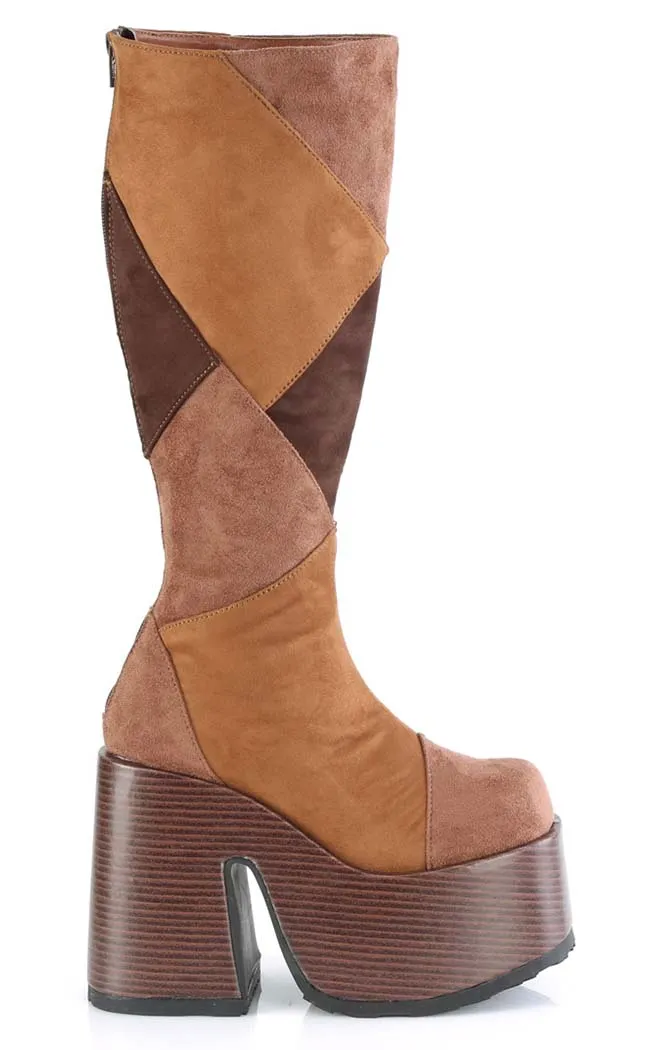 CAMEL-280 Brown Vegan Suede Patchwork Knee Boots