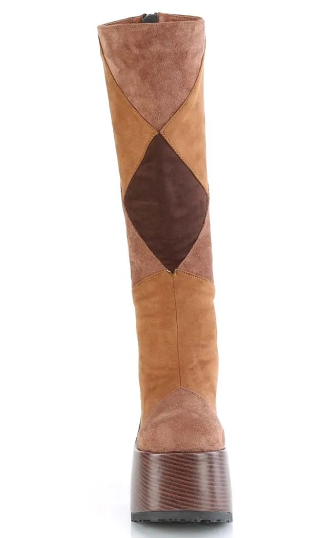 CAMEL-280 Brown Vegan Suede Patchwork Knee Boots