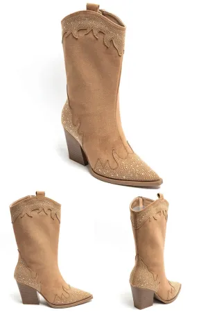 CAMEL SUEDE RHINESTONE DETAIL COWGIRL WESTERN ANKLE CALF HIGH BOOTS