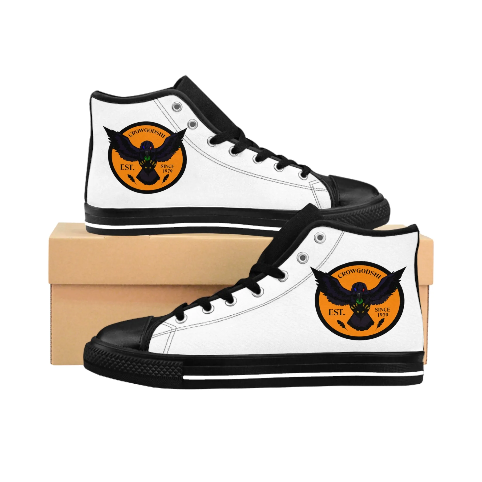 Crowgodshi 2nd Gen. High-Tops, White on White w/ ORANGE LOGO