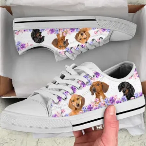 Dachshund Dog Lover Purple Flower Low Top Shoes Canvas Sneakers, Dog Printed Shoes, Canvas Shoes For Men, Women