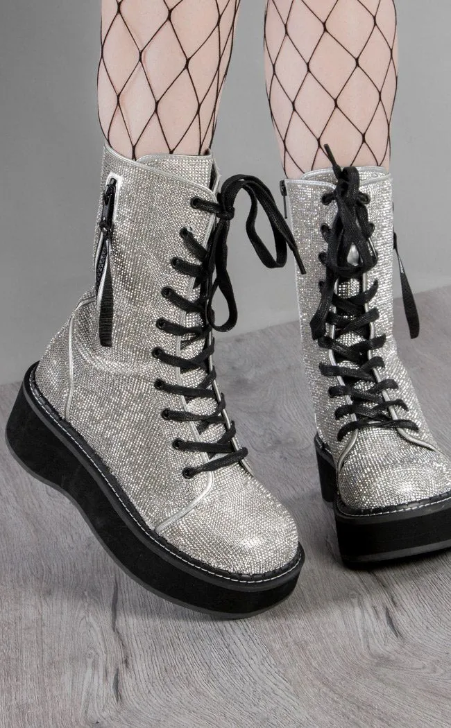 EMILY-362 Silver Rhinestone Combat Boots (Au Stock)