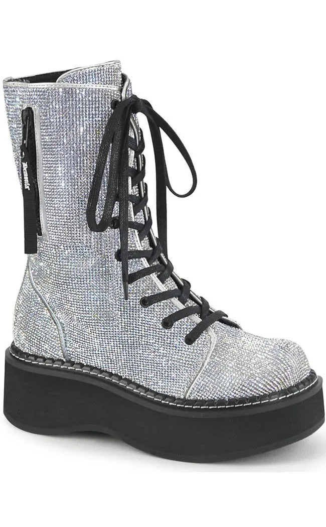 EMILY-362 Silver Rhinestone Combat Boots (Au Stock)