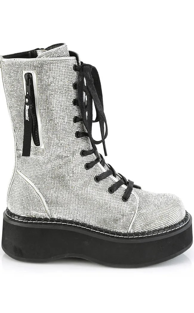 EMILY-362 Silver Rhinestone Combat Boots (Au Stock)