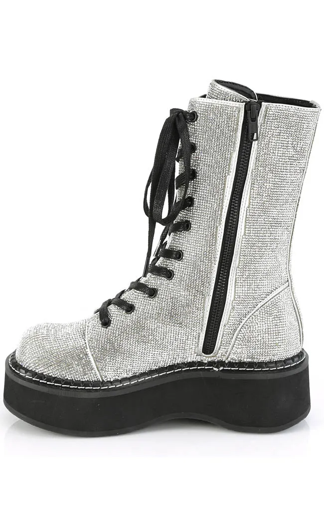 EMILY-362 Silver Rhinestone Combat Boots (Au Stock)