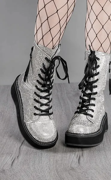 EMILY-362 Silver Rhinestone Combat Boots (Au Stock)