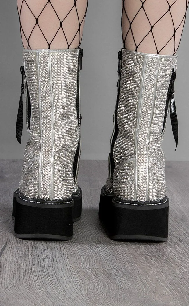 EMILY-362 Silver Rhinestone Combat Boots (Au Stock)