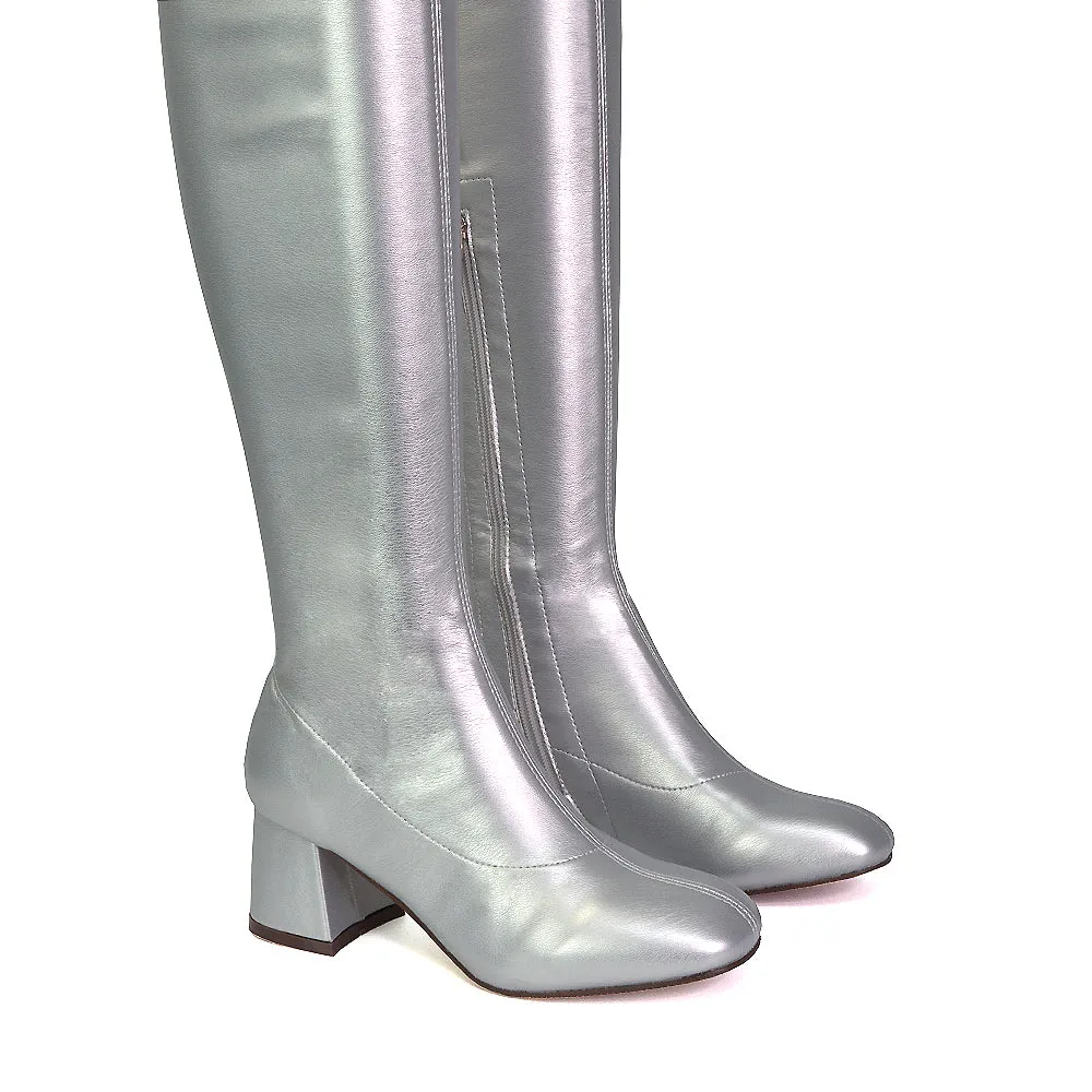 Emmett Flared Mid Block Heel Over the Knee Boots In Silver Metallic