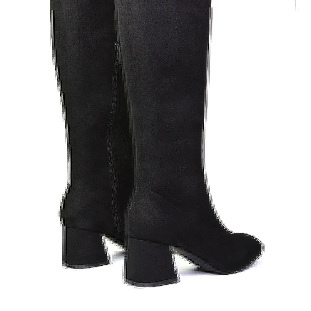 Emmett Flared Mid Block Heel Over the Knee Boots In Silver Metallic