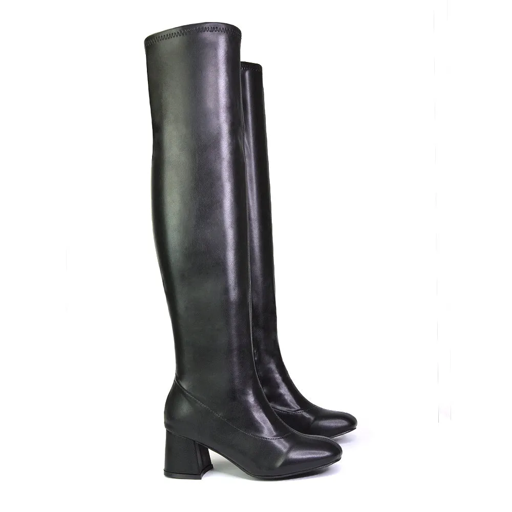 Emmett Flared Mid Block Heel Over the Knee Boots In Silver Metallic