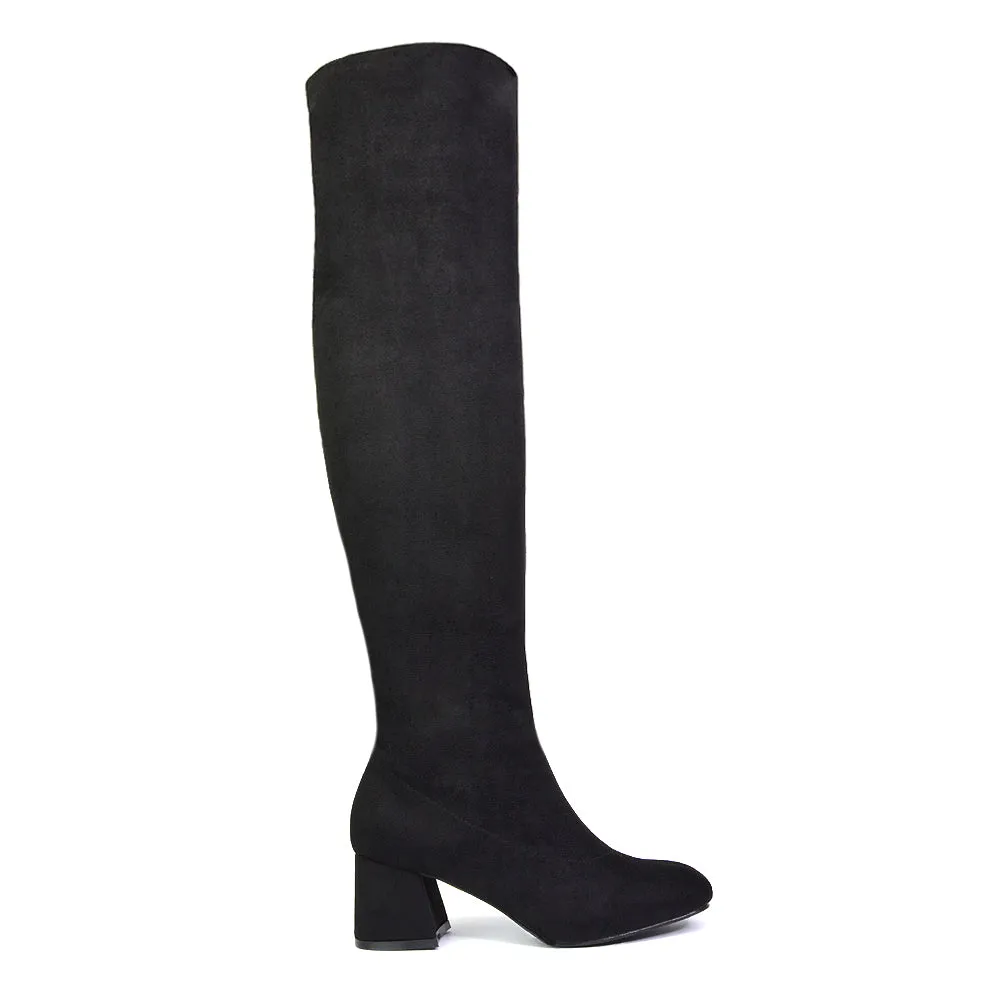 Emmett Flared Mid Block Heel Over the Knee Boots In Silver Metallic