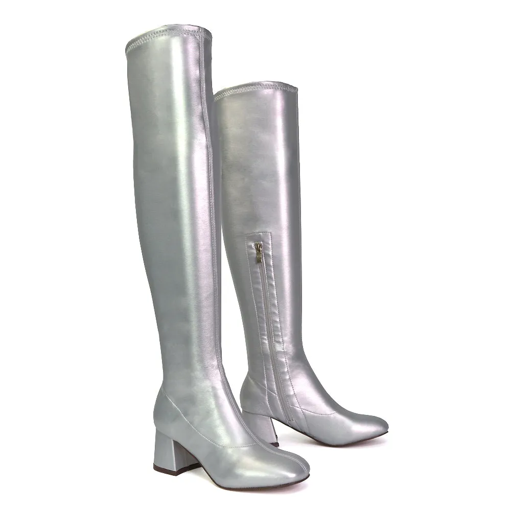 Emmett Flared Mid Block Heel Over the Knee Boots In Silver Metallic