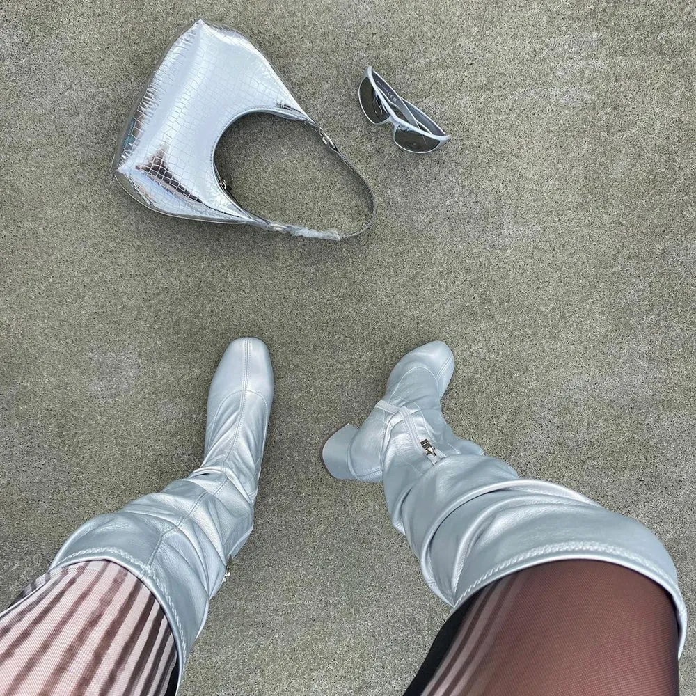 Emmett Flared Mid Block Heel Over the Knee Boots In Silver Metallic