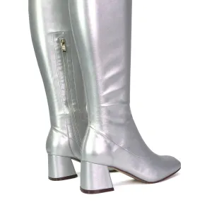 Emmett Flared Mid Block Heel Over the Knee Boots In Silver Metallic