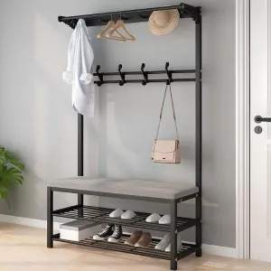 everyday 5 in 1 Hall Tree, Entryway Shoes and Coat Rack with Bench Hooks, Bedroom Shelves, Black