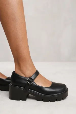 FIONNA CHUNKY PLATFORM BLOCK HEEL RETRO SHOES IN BLACK FAUX LEATHER