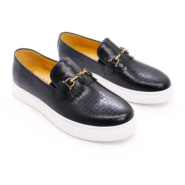 Gingham Metal Deco Leather Pattern Loafer Shoes