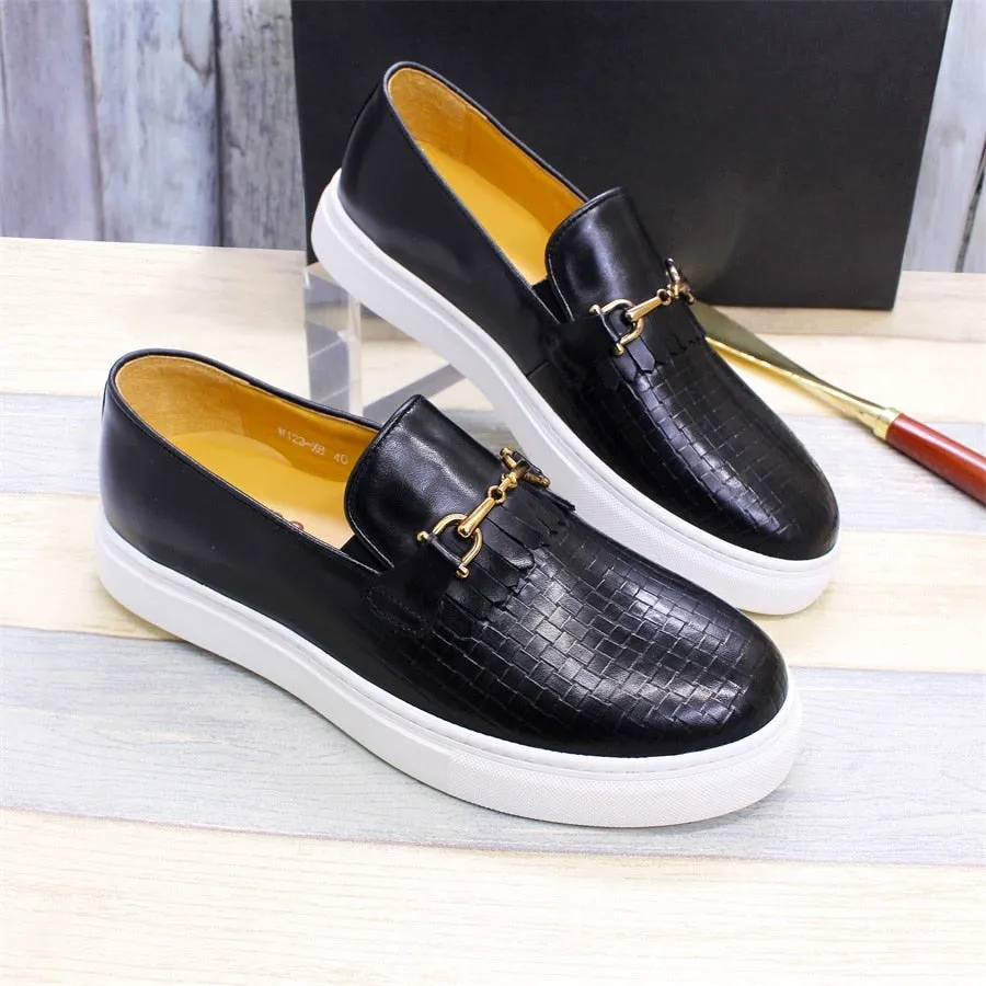 Gingham Metal Deco Leather Pattern Loafer Shoes