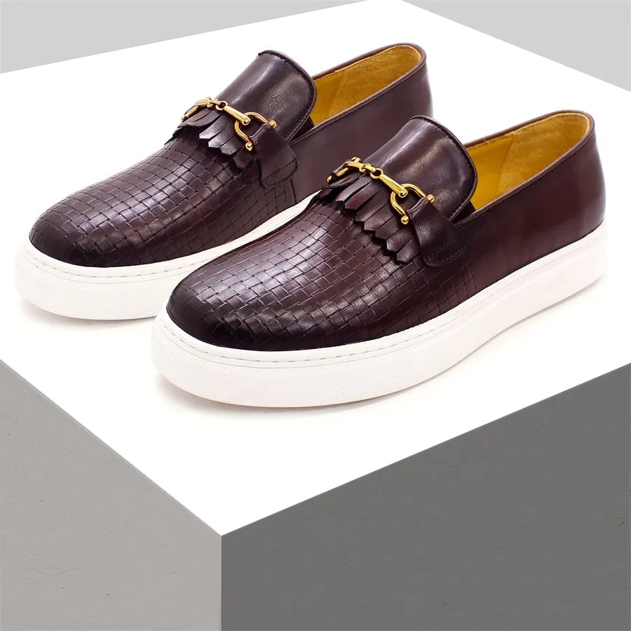 Gingham Metal Deco Leather Pattern Loafer Shoes