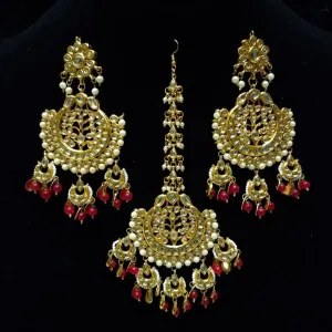 Gold Plated Traditional Bollywood Indian Kundan Earrings with maang Tikka Set