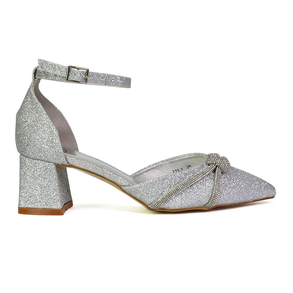 Gracie Diamante Strappy Mid Block Heel Sandals With a Pointed Toe in Silver